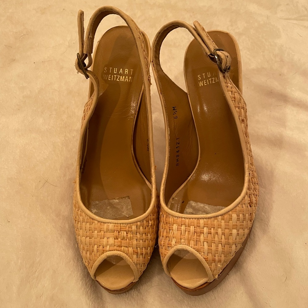 Stuart Weitzman raffia peep toe sling back heels